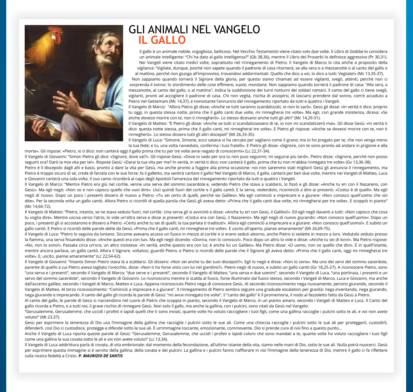 GLI ANIMALI NEL VANGELO IL GALLO Il gallo è un animale nobile, orgoglioso, bellicoso. Nel Vecchio Testamento viene citato solo due volte. Il Libro di Giobbe lo considera un animale intelligente: “Chi ha dato al gallo intelligenza?” (Gb 38,36), mentre il Libro dei Proverbi lo definisce aggressivo (Pr 30,31). Nei Vangeli viene citato tredici volte, soprattutto nel rinnegamento di Pietro. Il Vangelo di Marco lo cita anche a proposito della vigilanza: “Vigilate, dunque, poiché non sapete quando il padrone di casa ritornerà, se alla sera o a mezzanotte o al canto del gallo o al mattino, perché non giunga all'improvviso, trovandovi addormentati. Quello che dico a voi, lo dico a tutti: Vegliate!» (Mc 13,35-37). Non sappiamo quando tornerà il Signore della gloria, per questo siamo chiamati ad essere vigilanti, svegli, attenti, perché non ci sorprenda il sonno: lo stordimento delle cose effimere, vuote, mondane. Non sappiamo quando tornerà il padrone di casa: “Alla sera, a mezzanotte, al canto del gallo, o al mattino”, indica la suddivisione dei turni notturni dei soldati romani. Il canto del gallo ci tiene svegli, vigilanti, pronti ad accogliere il padrone di casa. Chi non veglia, rischia di assopirsi, di lasciarsi prendere dal sonno, com’è accaduto a Pietro nel Getsemani (Mc 14,37), e nonostante l’annuncio del rinnegamento riportato da tutti e quattro i Vangeli. Il Vangelo di Marco:  “Allora Pietro gli disse: «Anche se tutti saranno scandalizzati, io non lo sarò». Gesù gli disse: «In verità ti dico: proprio tu oggi, in questa stessa notte, prima che il gallo canti due volte, mi rinnegherai tre volte». Ma egli, con grande insistenza, diceva: «Se anche dovessi morire con te, non ti rinnegherò». Lo stesso dicevano anche tutti gli altri” (Mc 14,29-31). Il Vangelo di Matteo: “E Pietro gli disse: «Anche se tutti si scandalizzassero di te, io non mi scandalizzerò mai». Gli disse Gesù: «In verità ti dico: questa notte stessa, prima che il gallo canti, mi rinnegherai tre volte». E Pietro gli rispose: «Anche se dovessi morire con te, non ti rinnegherò». Lo stesso dissero tutti gli altri discepoli” (Mt 26,33-35). Il Vangelo di Luca: “Simone, Simone, ecco satana vi ha cercato per vagliarvi come il grano; ma io ho pregato per te, che non venga meno la tua fede; e tu, una volta ravveduto, conferma i tuoi fratelli». E Pietro gli disse: «Signore, con te sono pronto ad andare in prigione e alla morte». Gli rispose: «Pietro, io ti dico: non canterà oggi il gallo prima che tu per tre volte avrai negato di conoscermi» (Lc 22,31-34). Il Vangelo di Giovanni: “Simon Pietro gli dice: «Signore, dove vai?». Gli rispose Gesù: «Dove io vado per ora tu non puoi seguirmi; mi seguirai più tardi». Pietro disse: «Signore, perché non posso seguirti ora? Darò la mia vita per te!». Rispose Gesù: «Darai la tua vita per me? In verità, in verità ti dico: non canterà il gallo, prima che tu non m'abbia rinnegato tre volte» (Gv 13,36-38). Pietro è il discepolo dagli alti e bassi, pronto a dare la vita per Gesù, ma anche pronto a fuggire alla prima occasione: noi non saremmo stati migliori! Gesù gli annuncia il rinnegamento, ma Pietro è troppo sicuro di sé, crede di farcela con le sue forze: fa il galletto, ma sentirà cantare il gallo! Nel Vangelo di Marco, il gallo, canterà per ben due volte, mentre nei Vangeli di Matteo, Luca e Giovanni canterà una sola volta. Il suo canto ricorderà al capo degli Apostoli l’amarezza del rinnegamento riportato da tutti e quattro i Vangeli. Il Vangelo di Marco: “Mentre Pietro era giù nel cortile, venne una serva del sommo sacerdote e, vedendo Pietro che stava a scaldarsi, lo fissò e gli disse: «Anche tu eri con il Nazareno, con Gesù». Ma egli negò: «Non so e non capisco quello che vuoi dire». Uscì quindi fuori del cortile e il gallo cantò. E la serva, vedendolo, ricominciò a dire ai presenti: «Costui è di quelli». Ma egli negò di nuovo. Dopo un poco i presenti dissero di nuovo a Pietro: «Tu sei certo di quelli, perché sei Galileo». Ma egli cominciò a imprecare e a giurare: «Non conosco quell'uomo che voi dite». Per la seconda volta un gallo cantò. Allora Pietro si ricordò di quella parola che Gesù gli aveva detto: «Prima che il gallo canti due volte, mi rinnegherai per tre volte». E scoppiò in pianto” (Mc 14,66-72). Il Vangelo di Matteo: “Pietro, intanto, se ne stava seduto fuori, nel cortile. Una serva gli si avvicinò e disse: «Anche tu eri con Gesù, il Galileo!». Ed egli negò davanti a tutti: «Non capisco che cosa tu voglia dire». Mentre usciva verso l'atrio, lo vide un'altra serva e disse ai presenti: «Costui era con Gesù, il Nazareno». Ma egli negò di nuovo giurando: «Non conosco quell'uomo». Dopo un poco, i presenti gli si accostarono e dissero a Pietro: «Certo anche tu sei di quelli; la tua parlata ti tradisce!». Allora egli cominciò a imprecare e a giurare: «Non conosco quell'uomo!». E subito un gallo cantò. E Pietro si ricordò delle parole dette da Gesù: «Prima che il gallo canti, mi rinnegherai tre volte». E uscito all'aperto, pianse amaramente” (Mt 26,69-75). Il Vangelo di Luca: “Pietro lo seguiva da lontano. Siccome avevano acceso un fuoco in mezzo al cortile e si erano seduti attorno, anche Pietro si sedette in mezzo a loro. Vedutolo seduto presso la fiamma, una serva fissandolo disse: «Anche questi era con lui». Ma egli negò dicendo: «Donna, non lo conosco!». Poco dopo un altro lo vide e disse: «Anche tu sei di loro!». Ma Pietro rispose: «No, non lo sono!». Passata circa un'ora, un altro insisteva: «In verità, anche questo era con lui; è anche lui un Galileo». Ma Pietro disse: «O uomo, non so quello che dici». E in quell'istante, mentre ancora parlava, un gallo cantò. Allora il Signore, voltatosi, guardò Pietro, e Pietro si ricordò delle parole che il Signore gli aveva detto: «Prima che il gallo canti, oggi mi rinnegherai tre volte». E, uscito, pianse amaramente” (Lc 22,54-62). Il Vangelo di Giovanni: “Intanto Simon Pietro stava là a scaldarsi. Gli dissero: «Non sei anche tu dei suoi discepoli?». Egli lo negò e disse: «Non lo sono». Ma uno dei servi del sommo sacerdote, parente di quello a cui Pietro aveva tagliato l'orecchio, disse: «Non ti ho forse visto con lui nel giardino?». Pietro negò di nuovo, e subito un gallo cantò (Gv 18,25-27). A riconoscere Pietro, sono “una serva e i presenti”, secondo il Vangelo di Marco; “due serve e i presenti”, secondo il Vangelo di Matteo; “una serva e due uomini”, secondo il Vangelo di Luca, “una portinaia, i presenti e un servo del sommo sacerdote”, secondo il Vangelo di Giovanni. Lo riconoscono mentre si scalda al fuoco, forse illuminato dal fuoco stesso, secondo i Vangeli di Marco, Luca e Giovanni, ma anche dall’accento galileo, secondo i Vangeli di Marco, Matteo e Luca. Appena riconosciuto Pietro nega di conoscere Gesù. Al secondo riconoscimento nega nuovamente, persino giurando, secondo il Vangelo di Matteo. Al terzo riconoscimento: “Cominciò a imprecare e a giurare”. Il rinnegamento di Pietro sembra seguire una graduale escalation per gravità: nega inventando, nega giurando, nega giurando e imprecando. Il canto del gallo gli ricorda le parole di Gesù: “mi avrai rinnegato tre volte”. Il “canto del gallo” è il promemoria, il nodo al fazzoletto fatto da Gesù a Pietro.  Al canto del gallo, le parole di Gesù si riaccendono nel cuore di Pietro che scoppia in pianto, secondo il Vangelo di Marco, in un pianto amaro, secondo i Vangeli di Matteo e Luca. Il Canto del gallo ricorda a Pietro, e a tutti noi, il grave rischio di rinnegare Gesù. Non solo il gallo, ma anche la gallina, con i pulcini, sono citati da Gesù nel Vangelo: “Gerusalemme, Gerusalemme, che uccidi i profeti e lapidi quelli che ti sono inviati, quante volte ho voluto raccogliere i tuoi figli, come una gallina raccoglie i pulcini sotto le ali, e voi non avete voluto!” (Mt 23,37).  Gesù per esprimere la tenerezza di Dio usa l’immagine della gallina che raccoglie i pulcini sotto le sue ali. Come una chioccia raccoglie i pulcini sotto le sue ali per proteggerli, custodirli, difenderli, così Dio ci custodisce, protegge e difende sotto le sue ali. È un’immagine toccante, emozionante, commovente. Dio si prende cura di noi fino a questo punto…  Anche il Vangelo di Luca riporta queste parole di Gesù: “Gerusalemme, Gerusalemme, che uccidi i profeti e lapidi coloro che sono mandati a te, quante volte ho voluto raccogliere i tuoi figli come una gallina la sua covata sotto le ali e voi non avete voluto!” (Lc 13,34).  Il Vangelo di Luca addirittura parla di covata, di vita embrionale: dal momento della fecondazione, all’ultimo istante della vita, siamo nelle mani di Dio, sotto le sue ali. Nulla potrà nuocerci. Gesù per esprimere questa immagine si è servito della gallina, della covata e dei pulcini. La gallina e i pulcini fanno riaffiorare in noi l’immagine della tenerezza di Dio, mentre il gallo ci fa riflettere sulla nostra fedeltà a Cristo. P. Maurizio De Santis